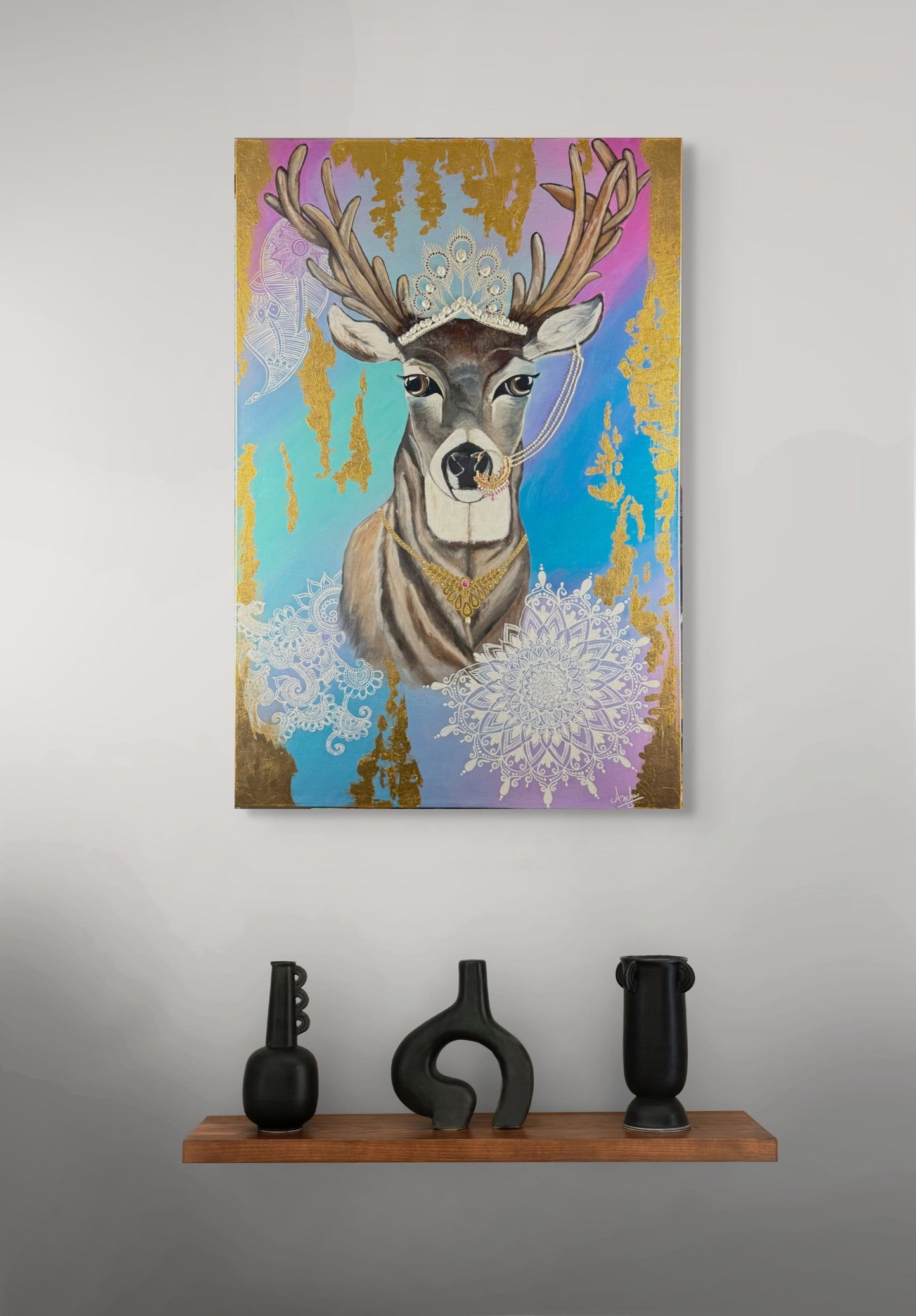The Gilded Deer: Mandala & Gold Leaf Original Painting - 24 X 36